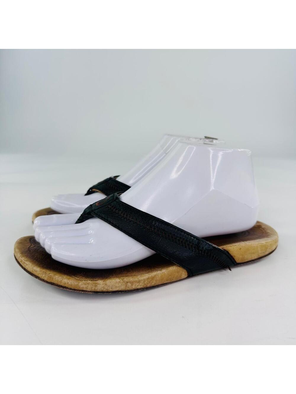 OluKai Haiku Thong Sandals US 8 Womens Black Leather Flip Flops Shoes